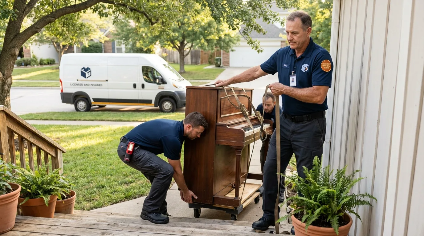 Licensed piano movers securing grand piano in Princeton, MA