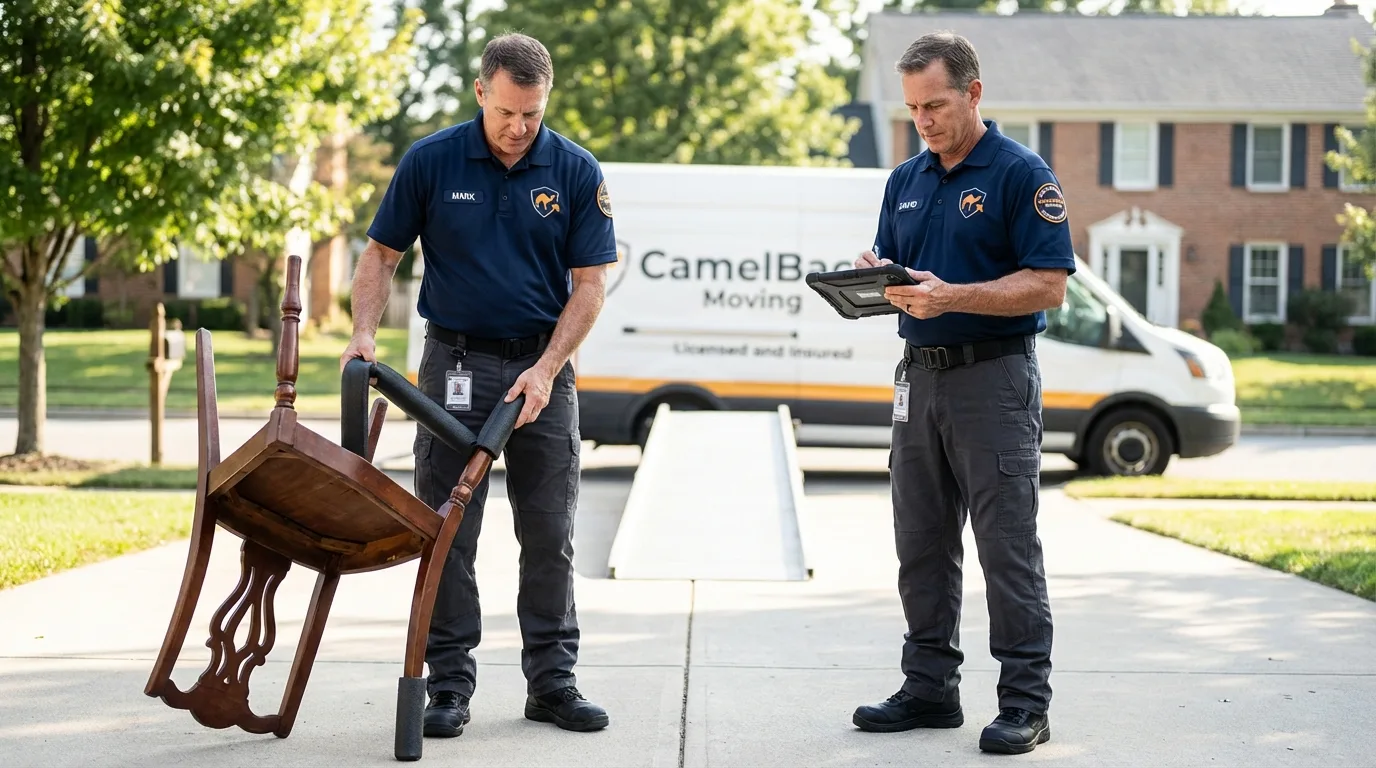 Movers inspecting furniture for damage prevention before loading in Princeton, MA