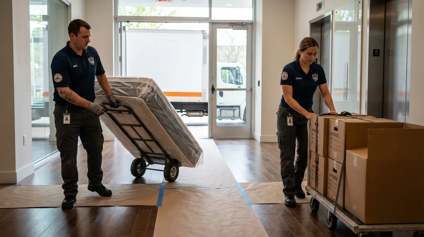 Professional apartment movers loading elevator in Princeton, MA
