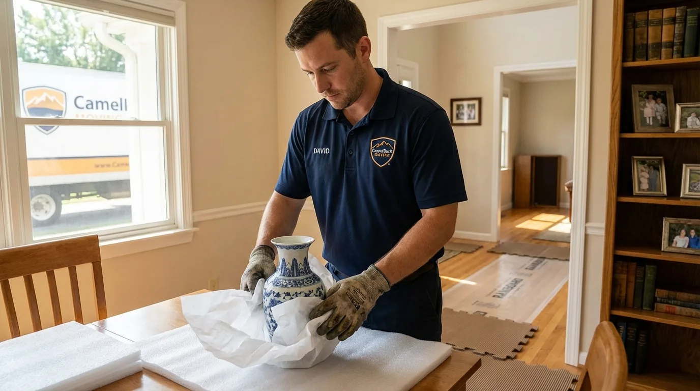 Professional crew carefully wrapping antique vase for senior downsizing move in Princeton, MA