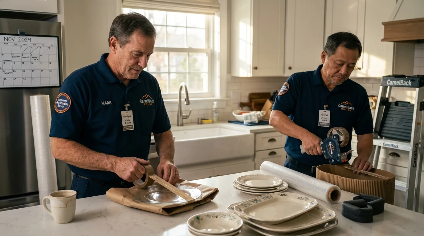 Professional crew packing kitchen dishware in Princeton, MA